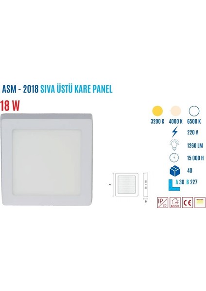 ASM-2018G 18W Sıvaüstü Kare Günışığı LED Panel