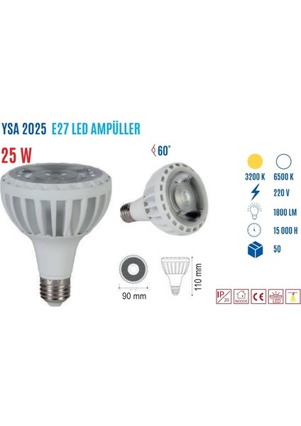 Ycl YSA-2025B 25W PAR30 LED Ampul E27 Beyaz