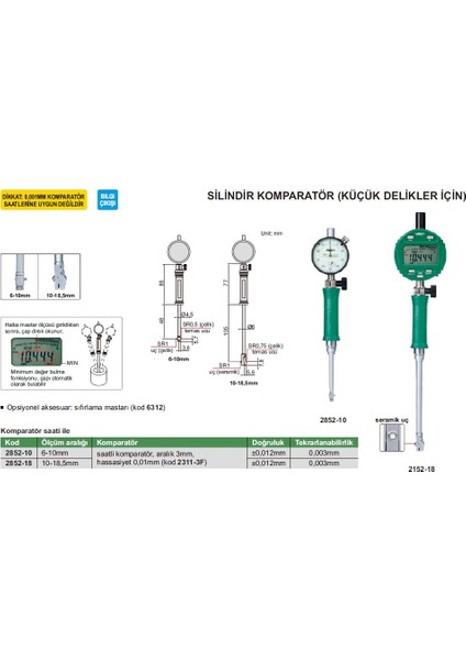 Insıze 2852-10 Insize Silindir Komparatörü | Küçük Delikler Için