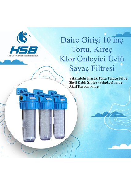 Daire Girişi 10 Inç Tortu, Kireç ve Klor Önleyici Üçlü Sayaç Filtresi