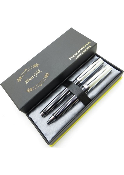 Twin Deluxe DT374 Krom Çizgili Dolma Kalem + Tükenmez Kalem Set | Isme Özel Kalem | Hediyelik Kalem Seti