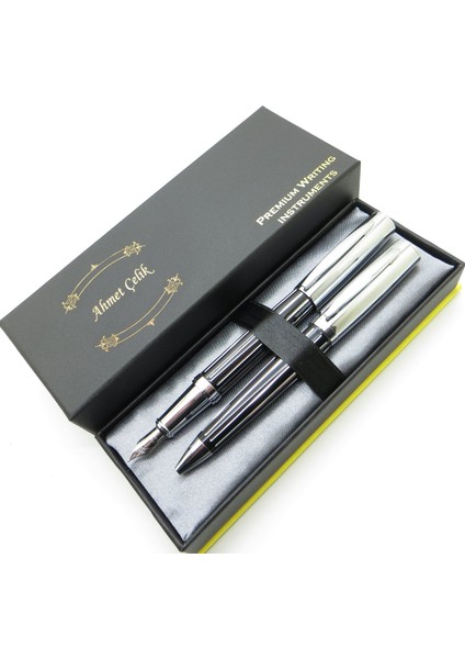 Twin Deluxe DT374 Krom Çizgili Dolma Kalem + Tükenmez Kalem Set | Isme Özel Kalem | Hediyelik Kalem Seti fiyatları