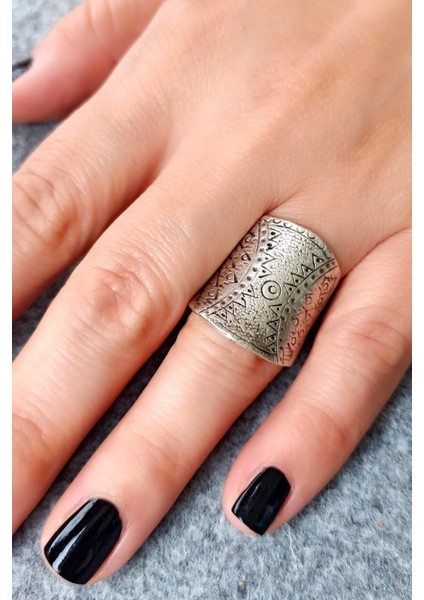 Antik Gümüş Kaplama Motif Şekilli El Yapımı Ayarlanabilir Yüzük