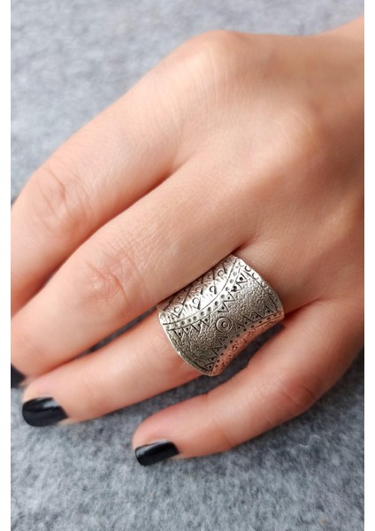 Antik Gümüş Kaplama Motif Şekilli El Yapımı Ayarlanabilir Yüzük modelleri
