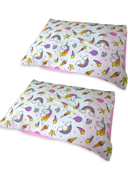 Pamuklu 2'li Bebek Yastık Kılıfı (35X45 Cm) Beyaz Unicorn/pembe (Fermuarsız)
