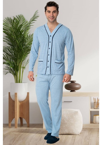 Mecit 22767 Mavi Önden Düğmeli Büyük Beden Erkek Pijama Takımı