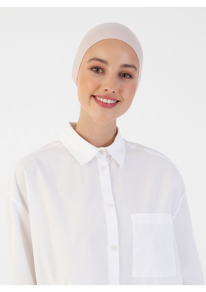 Nefes Alan Kumaş Geniş Ebatlı Bağcıklı Bone - Pudra - Ecardin