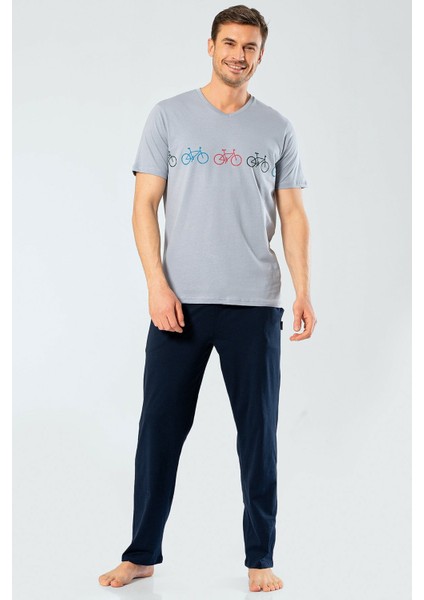 4131 Gri Erkek Baskılı V Yaka Pantolon Pijama Takım