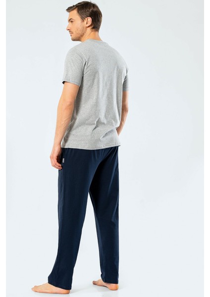 4135 Gri Melanj Erkek Baskılı V Yaka Pantolon Pijama Takım modelleri