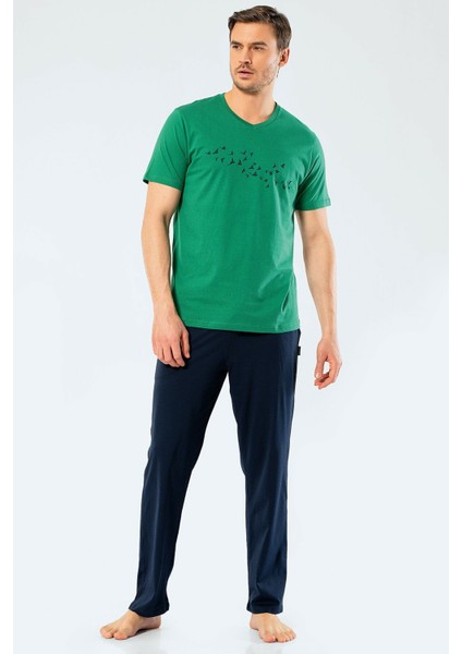 4135 Yeşil Erkek Baskılı V Yaka Pantolon Pijama Takım