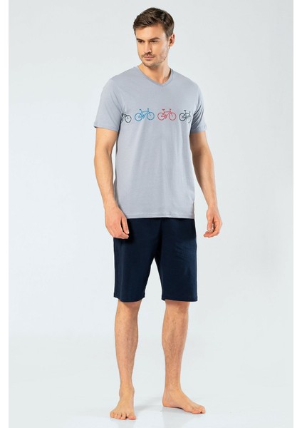4132 Gri Erkek Baskılı V Yaka Bermuda Şort Pijama Takım