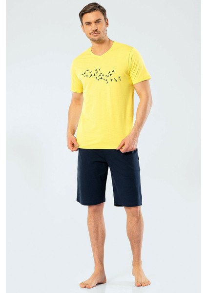 4136 Sarı Erkek Baskılı V Yaka Bermuda Şort Pijama Takım