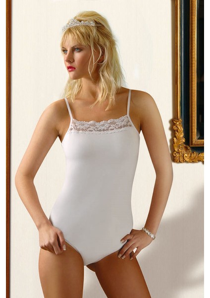 Anıt 4062 Kadın Beyaz Likralı Dantelli Ip Askılı Body