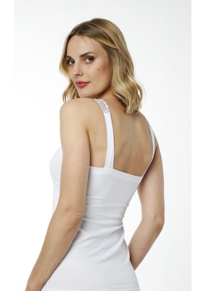 Hmd 2444 Beyaz Pamuklu Rahat Doku Göğüs Desenli Dantelli Askılı Kadın Atlet fiyatları