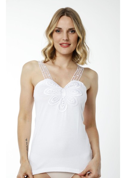 Hmd 2444 Beyaz Pamuklu Rahat Doku Göğüs Desenli Dantelli Askılı Kadın Atlet modelleri