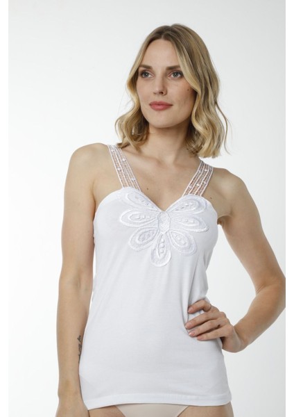 Hmd 2444 Beyaz Pamuklu Rahat Doku Göğüs Desenli Dantelli Askılı Kadın Atlet fırsatları