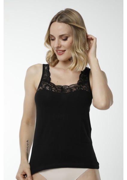 Hmd 2487 Siyah 3'lü Pamuklu Güpür Detaylı Rahat Doku Kalın Askılı Kadın Atlet