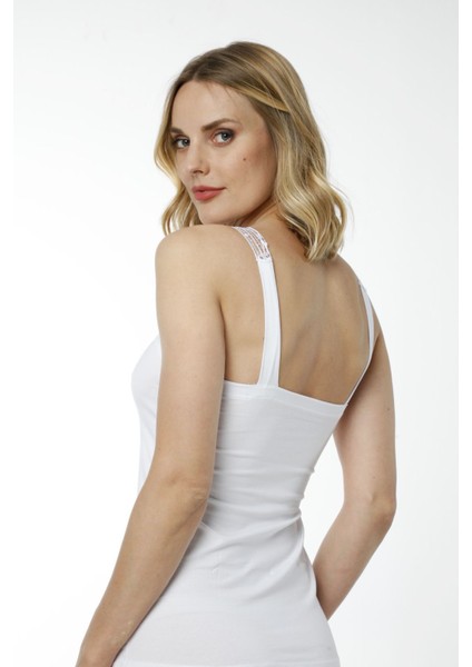 Hmd 2444 Beyaz 3'lü Pamuklu Rahat Doku Göğüs Desenli Dantelli Askılı Kadın Atlet fiyatları