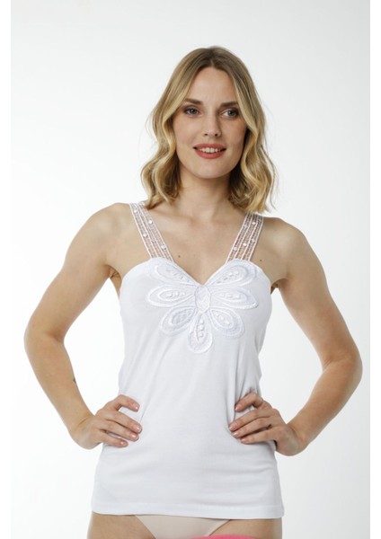 Hmd 2444 Beyaz 3'lü Pamuklu Rahat Doku Göğüs Desenli Dantelli Askılı Kadın Atlet indirimleri