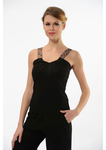 Hmd 2444 Siyah 3'lü Pamuklu Rahat Doku Göğüs Desenli Dantelli Askılı Kadın Atlet fırsatları