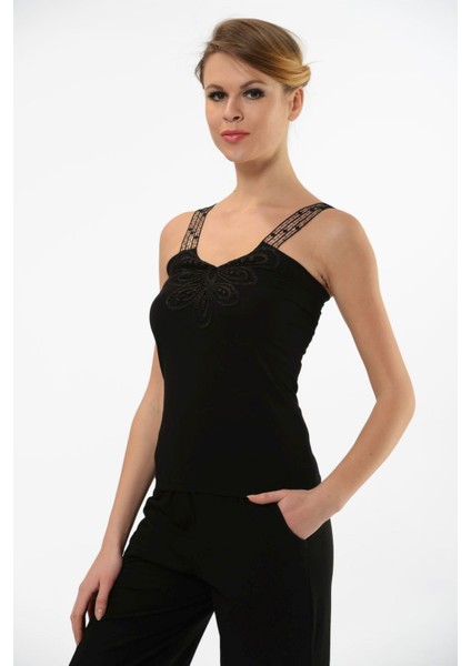 Hmd 2444 Siyah 3'lü Pamuklu Rahat Doku Göğüs Desenli Dantelli Askılı Kadın Atlet indirimleri