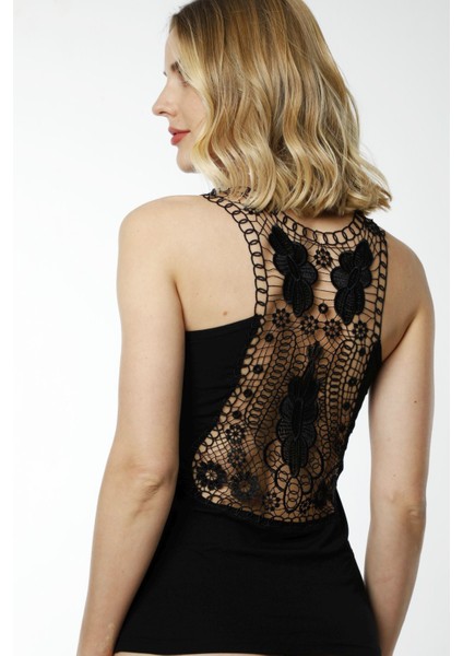 Hmd 2463 Siyah 3'lü Pamuklu Rahat Doku Sırt Dantel Detaylı Dantel Askılı Kadın Atlet