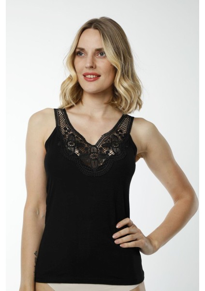 Hmd 2477 Siyah Rahat Doku Pamuklu Göğüs Güpür Detaylı Kalın Askılı Kadın Atlet fırsatları