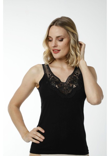 Hmd 2477 Siyah Rahat Doku Pamuklu Göğüs Güpür Detaylı Kalın Askılı Kadın Atlet indirimleri