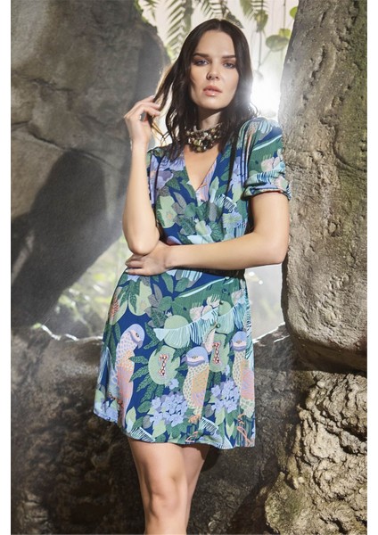 21007 Kadın Petrol Mavisi Kruvaze Yaka Mini Elbise