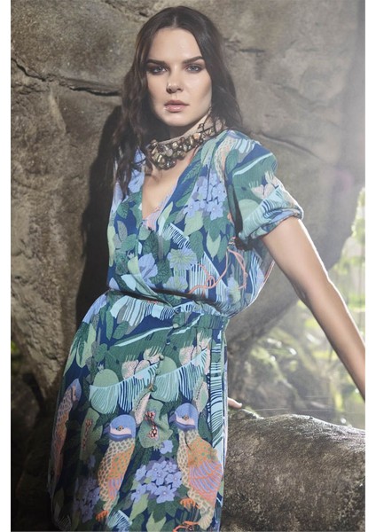 21007 Kadın Petrol Mavisi Kruvaze Yaka Mini Elbise fiyatları