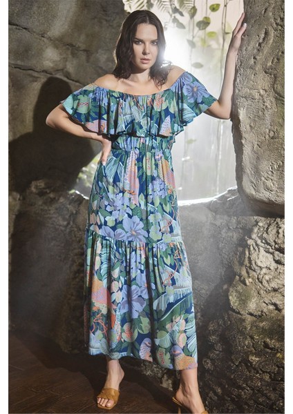 21009 Kadın Petrol Mavisi Omzu Açık Volanlı Maxi Elbise