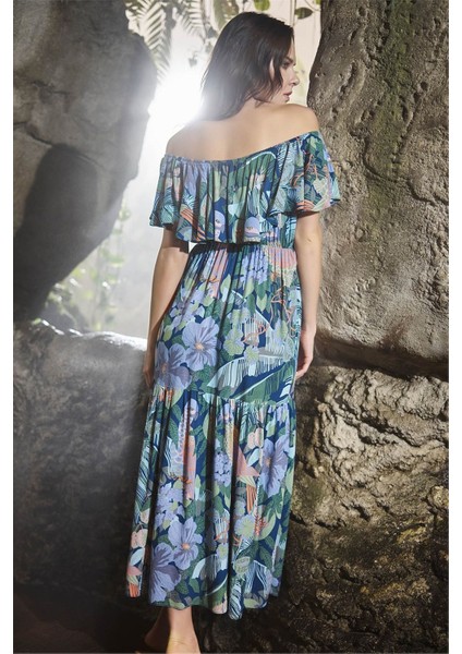 21009 Kadın Petrol Mavisi Omzu Açık Volanlı Maxi Elbise fiyatları