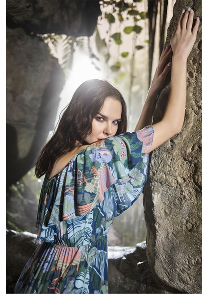 21009 Kadın Petrol Mavisi Omzu Açık Volanlı Maxi Elbise modelleri