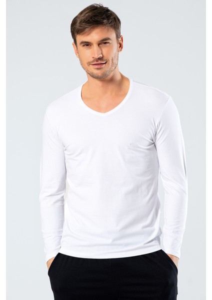1334 Beyaz Erkek Erkek Beyaz V Yaka Uzun Kollu Sweatshirt