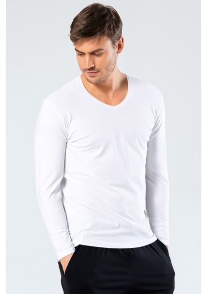 1334 Beyaz Erkek Erkek Beyaz V Yaka Uzun Kollu Sweatshirt