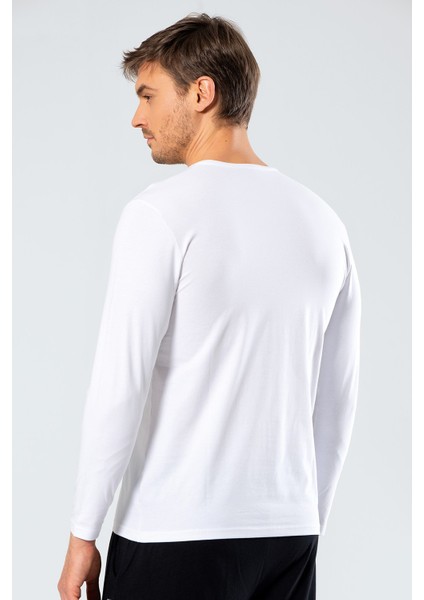 1334 Beyaz Erkek Erkek Beyaz V Yaka Uzun Kollu Sweatshirt