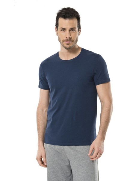 1331 Indigo Erkek O Yaka Likralı Kısa Kollu T-Shirt