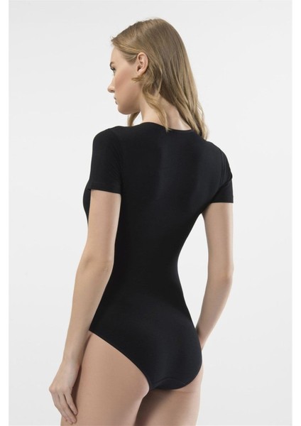 Kadın Siyah Yarım Kollu Bisiklet Yaka Agraflı Body 299 modelleri