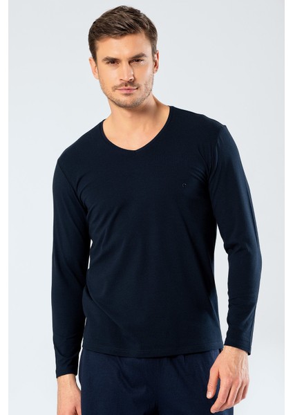1334 Lacivert Erkek Erkek Lacivert V Yaka Uzun Kollu Sweatshirt