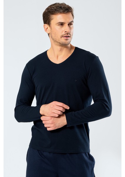 1334 Lacivert Erkek Erkek Lacivert V Yaka Uzun Kollu Sweatshirt fiyatları