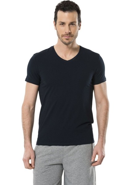 1332 Lacivert Erkek V Yaka Likralı Kısa Kollu T-Shirt