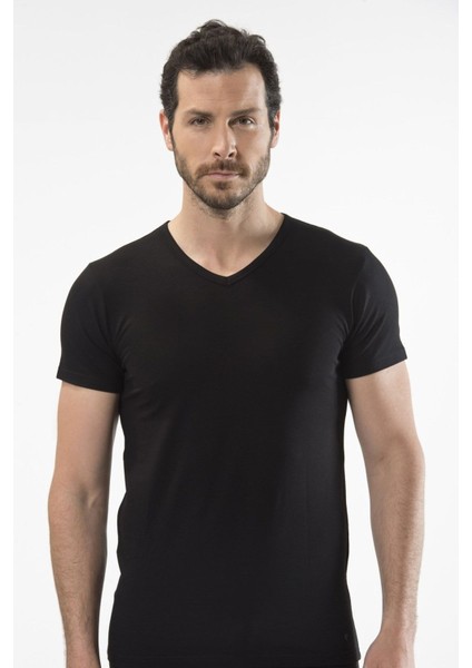 1402 Siyah Erkek V Yaka T-Shirt