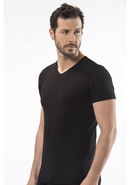 1402 Siyah Erkek V Yaka T-Shirt