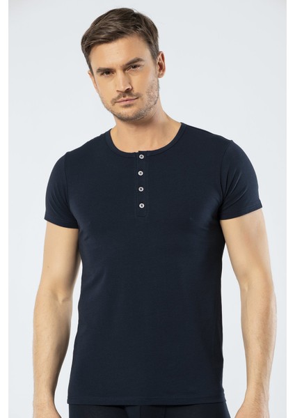 1308 Lacivert Erkek Düğmeli Kısa Kollu T-Shirt