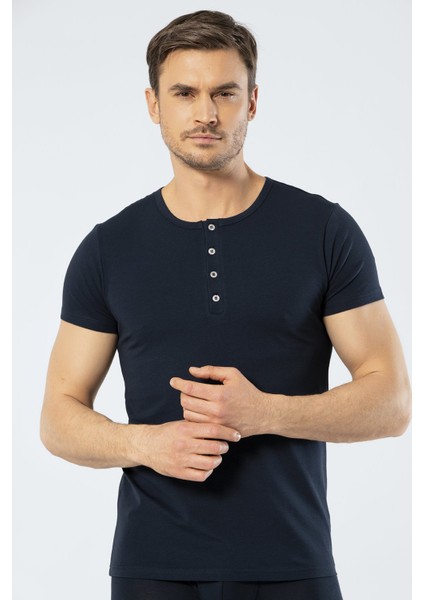 1308 Lacivert Erkek Düğmeli Kısa Kollu T-Shirt modelleri