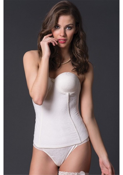 9765 Kadın Ekru Desenli Kumaşlı Sırtı Açık Uzun Straplez Büstiyer