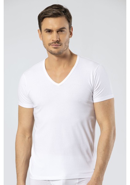 1306 Beyaz Erkek V Yaka Kısa Kollu T-Shirt fiyatları