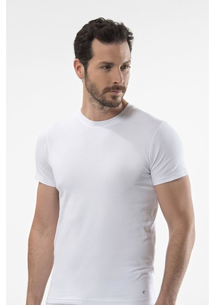 1307 Beyaz Erkek O Yaka Kısa Kollu T-Shirt