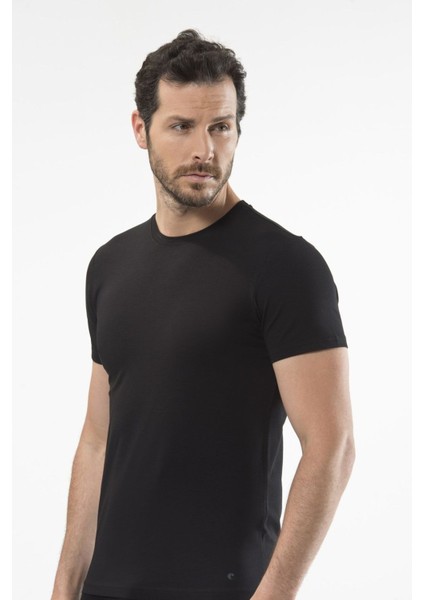 1307 Siyah Erkek O Yaka Kısa Kollu T-Shirt