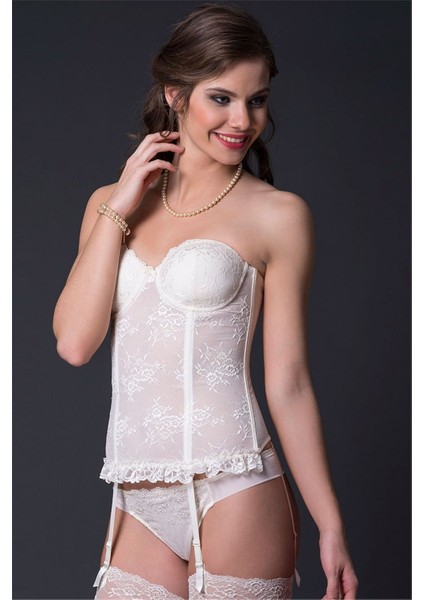 9251 Kadın Ekru Dantelli Taşlı Çıkarılabilir Destekli Uzun Büstiyer